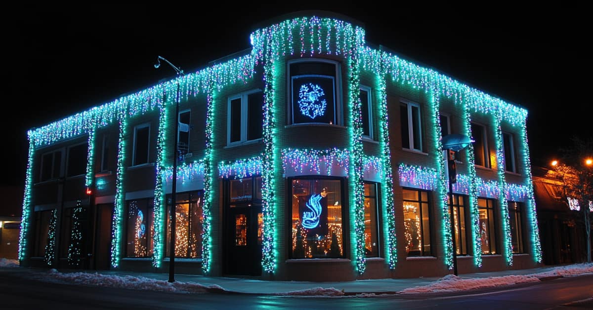 commercial building lit up for holidays, concept of Commercial Holiday Lighting Installation Near Me in NJ